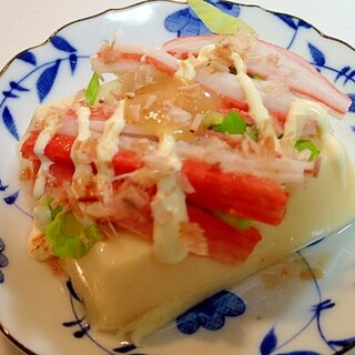 酢味噌/マヨで　サラダ菜とかにかまと削り節の卵豆腐